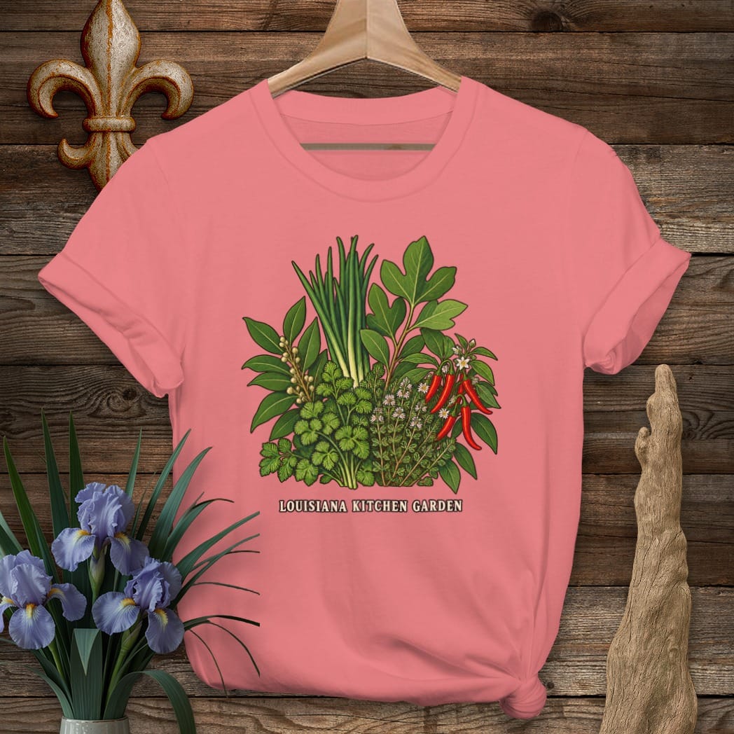 S / Coral Silk Louisiana Kitchen Garden T-Shirt by Laissez Faire Wear