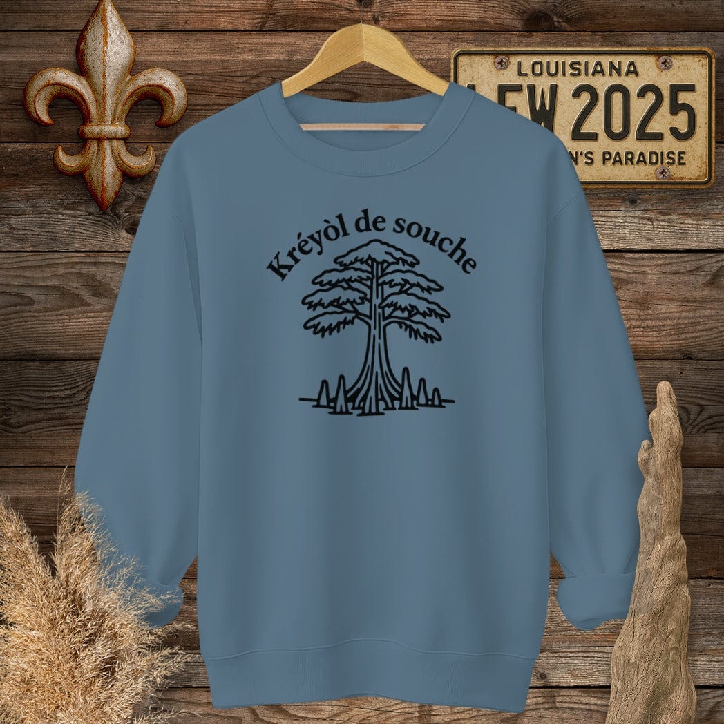 S / Indigo Blue Louisiana Kreyol de Souche (Native Creole) Sweatshirt by Laissez Faire Wear