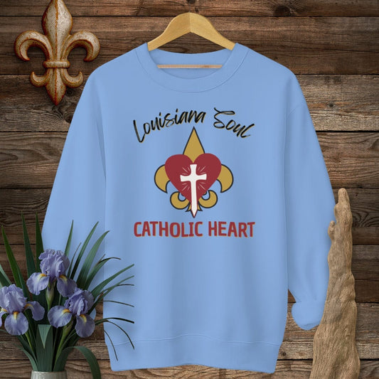 S / Carolina Blue Louisiana LA Soul, Catholic Heart Sweatshirt by Laissez Faire Wear