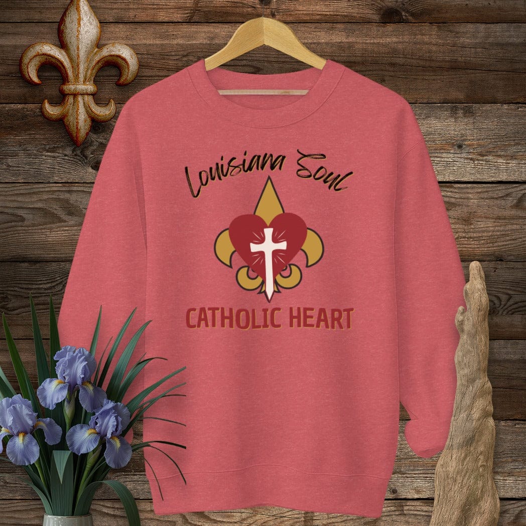 S / Heather Scarlet Red Louisiana LA Soul, Catholic Heart Sweatshirt by Laissez Faire Wear