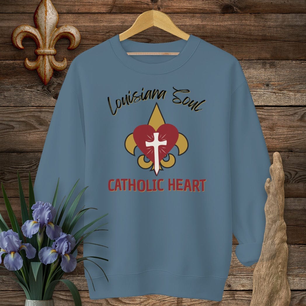 S / Indigo Blue Louisiana LA Soul, Catholic Heart Sweatshirt by Laissez Faire Wear