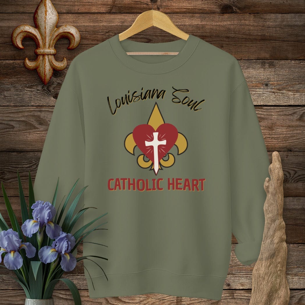S / Military Green Louisiana LA Soul, Catholic Heart Sweatshirt by Laissez Faire Wear
