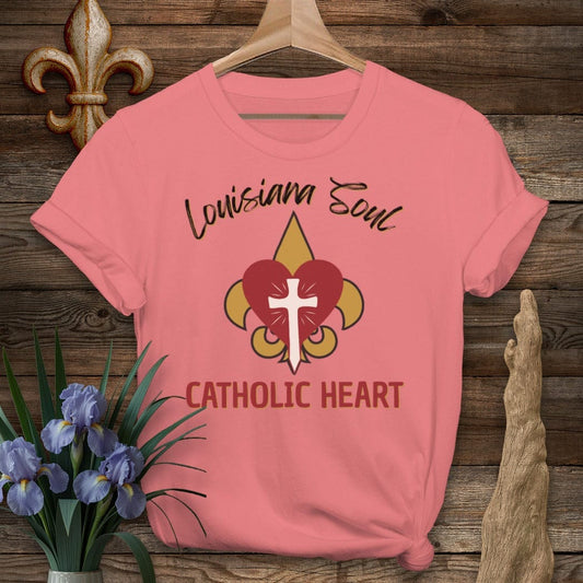 S / Coral Silk Louisiana LA Soul, Catholic Heart T-Shirt by Laissez Faire Wear