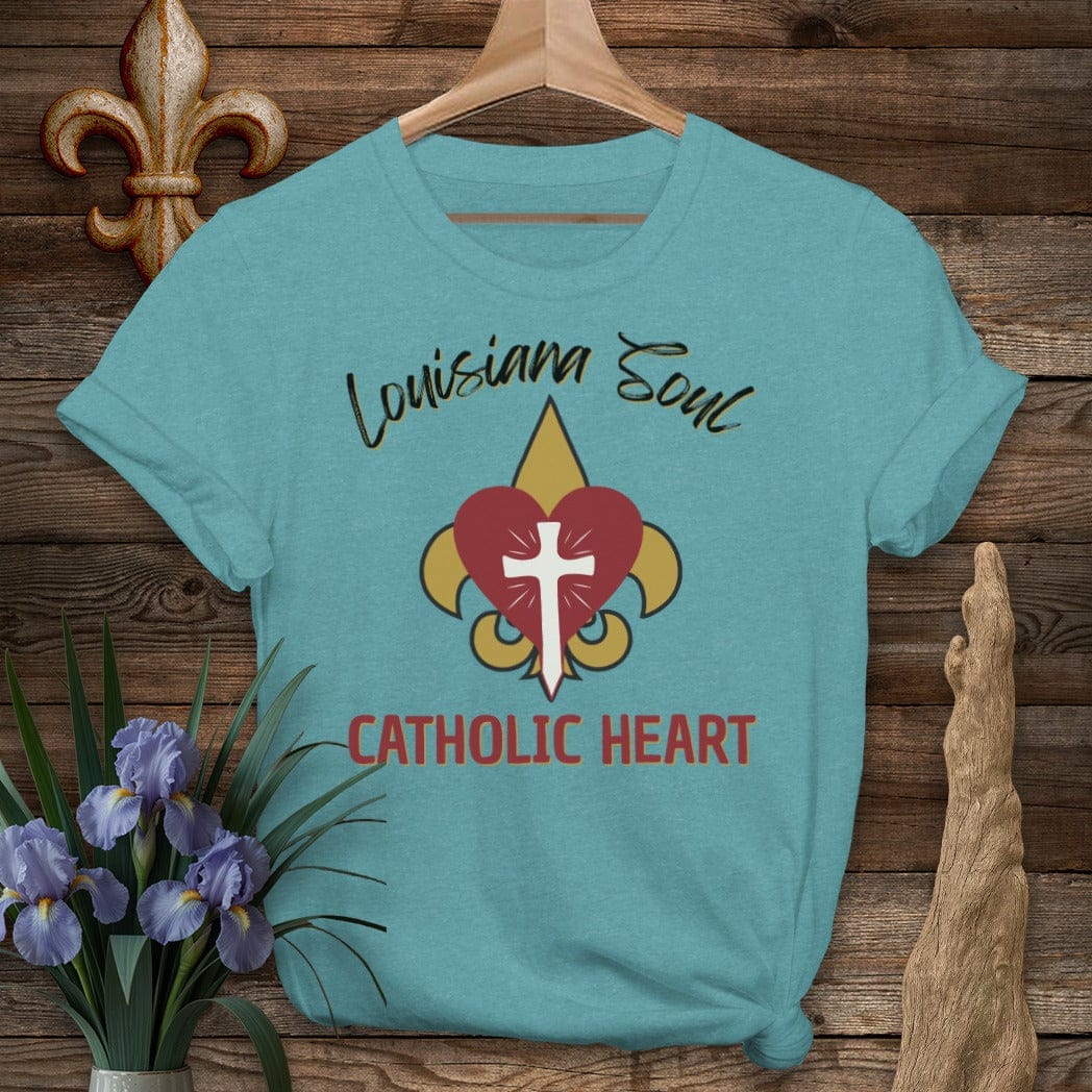S / Heather Galapagos Blue Louisiana LA Soul, Catholic Heart T-Shirt by Laissez Faire Wear