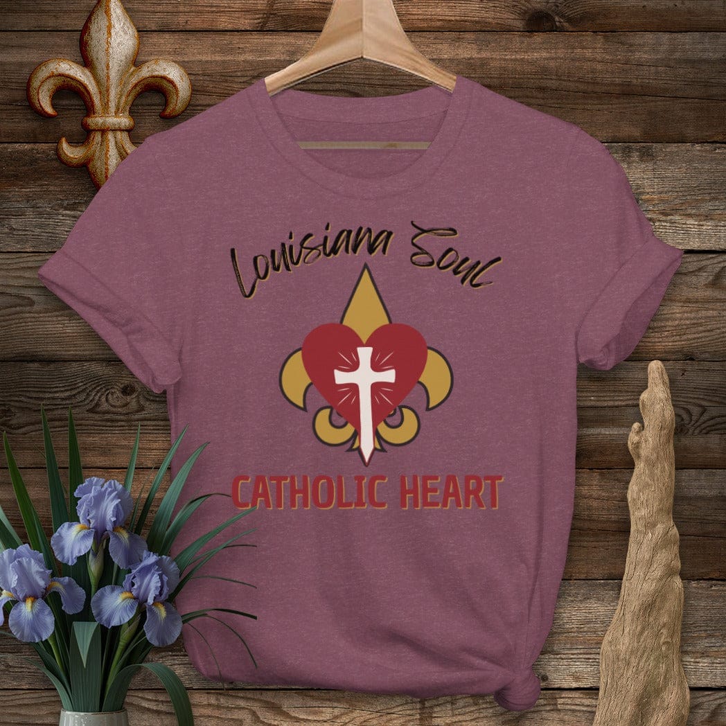 S / Heather Maroon Louisiana LA Soul, Catholic Heart T-Shirt by Laissez Faire Wear