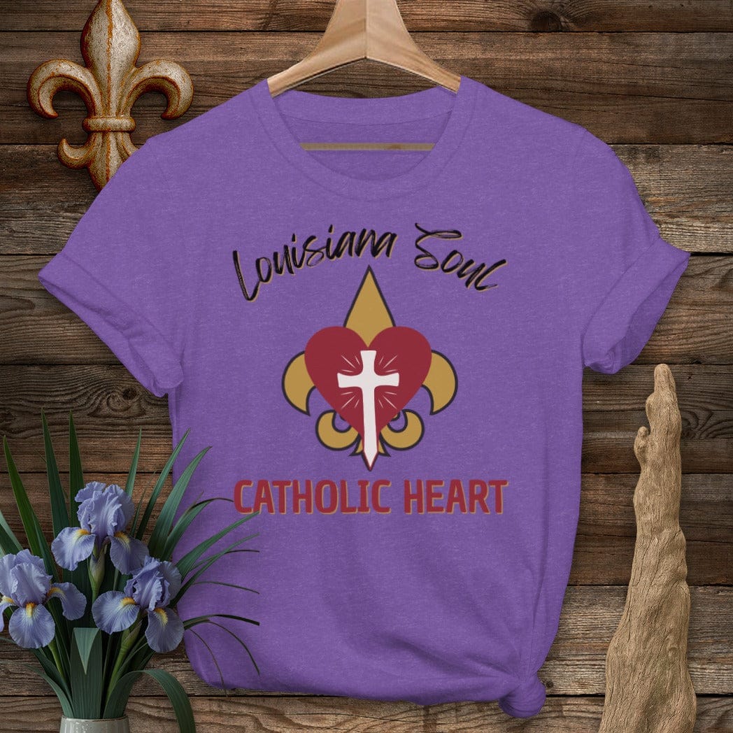 S / Heather Purple Louisiana LA Soul, Catholic Heart T-Shirt by Laissez Faire Wear