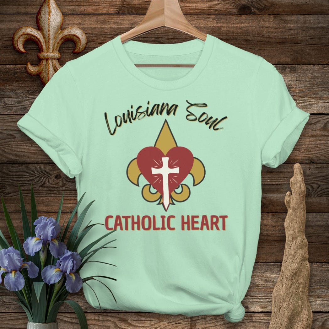 S / Mint Green Louisiana LA Soul, Catholic Heart T-Shirt by Laissez Faire Wear