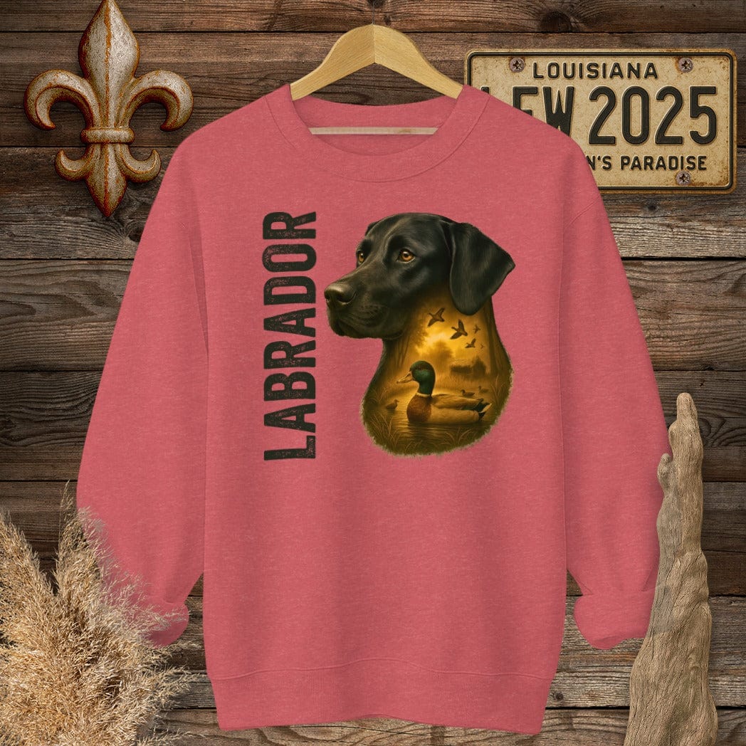 S / Heather Scarlet Red Louisiana Labrador Retriever Hunting Dog Sweatshirt by Laissez Faire Wear