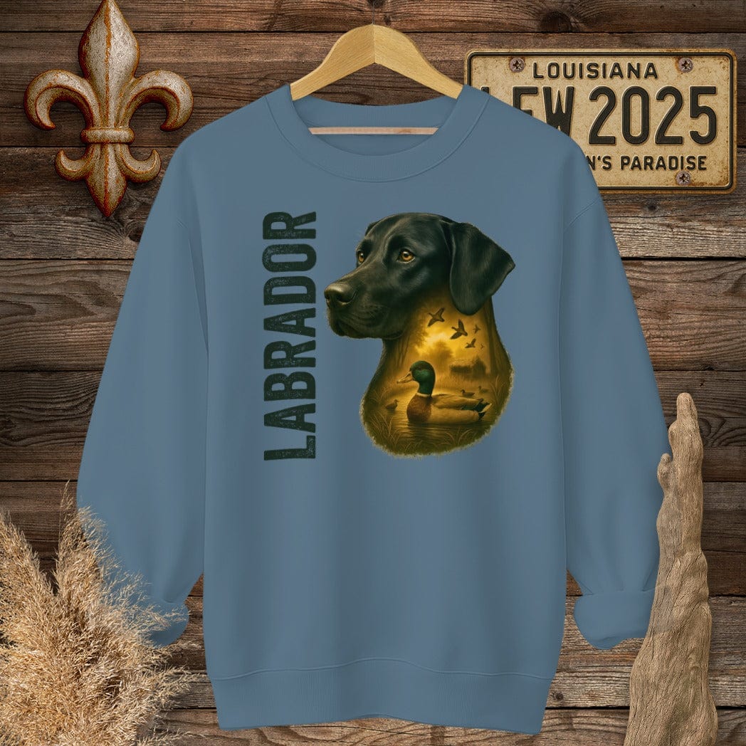S / Indigo Blue Louisiana Labrador Retriever Hunting Dog Sweatshirt by Laissez Faire Wear