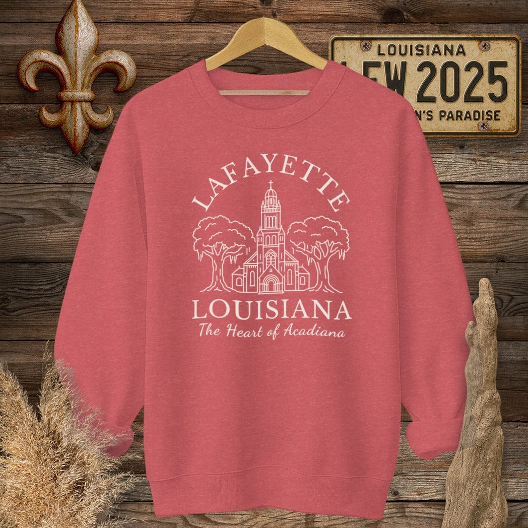 S / Heather Scarlet Red Louisiana Lafayette - Heart of Acadiana Heritage Sweatshirt by Laissez Faire Wear