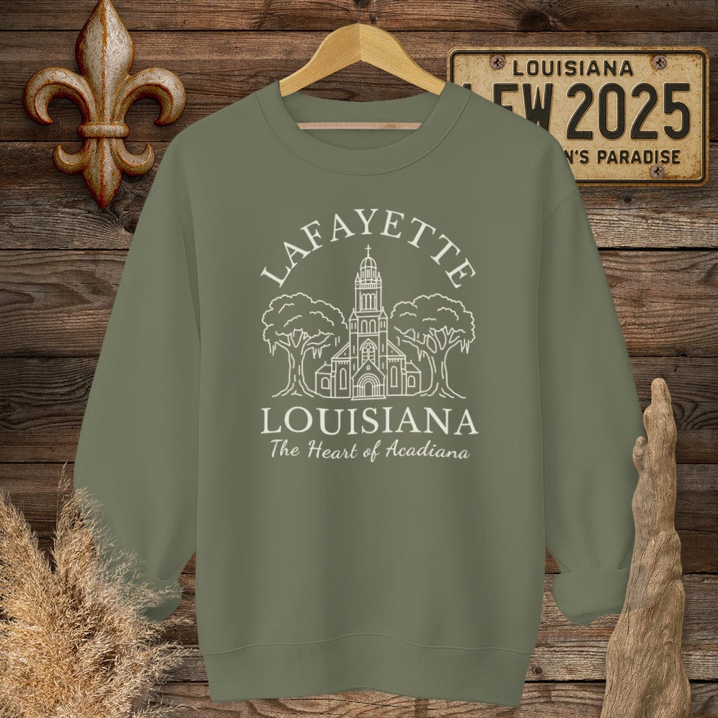 S / Military Green Louisiana Lafayette - Heart of Acadiana Heritage Sweatshirt by Laissez Faire Wear