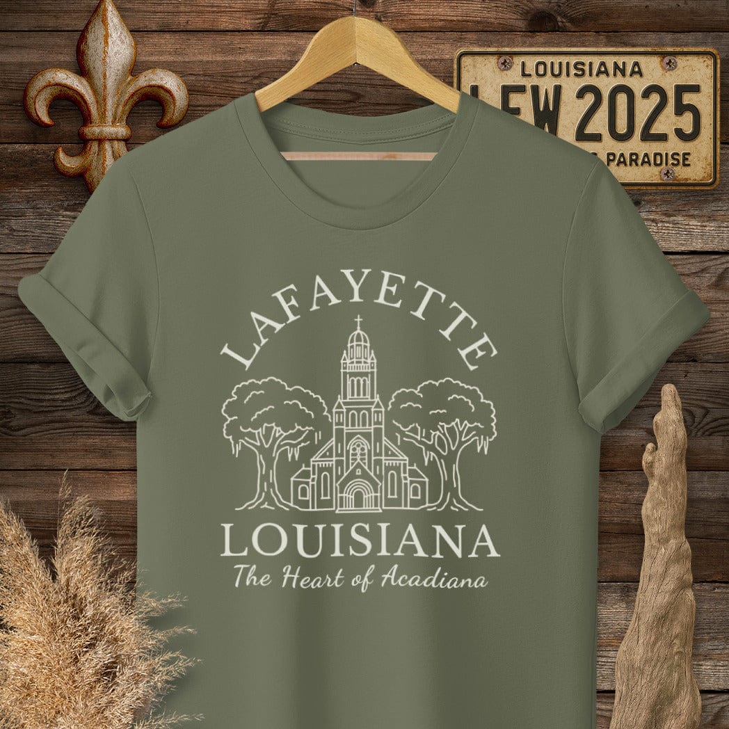 S / Military Green Louisiana Lafayette - Heart of Acadiana Heritage T-Shirt by Laissez Faire Wear