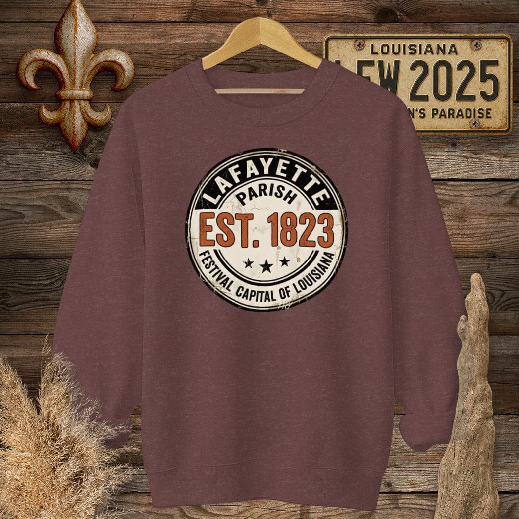 S / Heather Sport Dark Maroon Louisiana Lafayette Parish - Festival Sweatshirt by Laissez Faire Wear