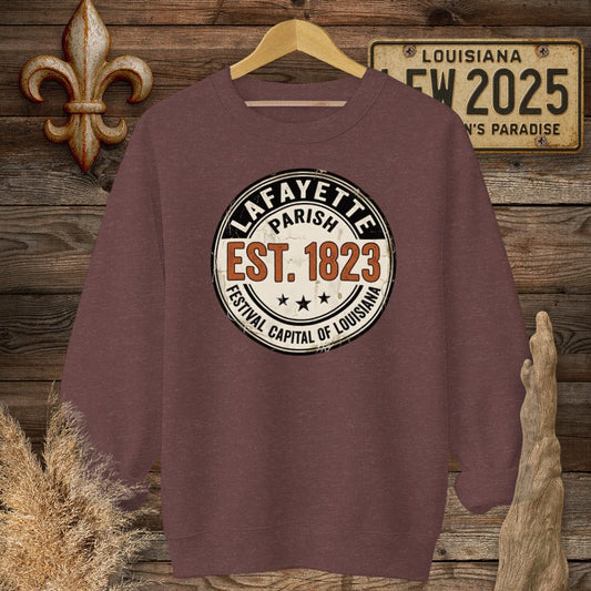 S / Heather Sport Dark Maroon Louisiana Lafayette Parish - Festival Sweatshirt by Laissez Faire Wear