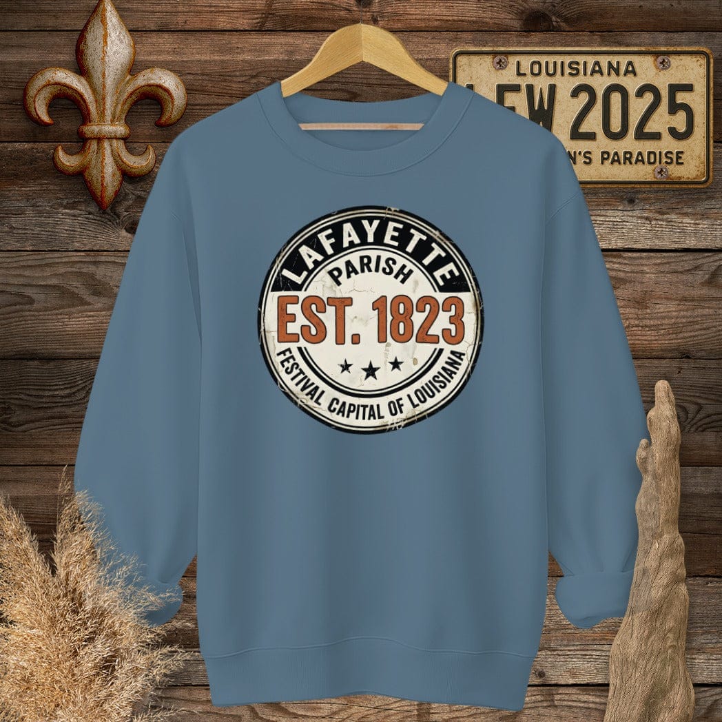 S / Indigo Blue Louisiana Lafayette Parish - Festival Sweatshirt by Laissez Faire Wear