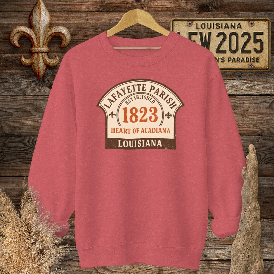 S / Heather Scarlet Red Louisiana Lafayette Parish Sweatshirt by Laissez Faire Wear
