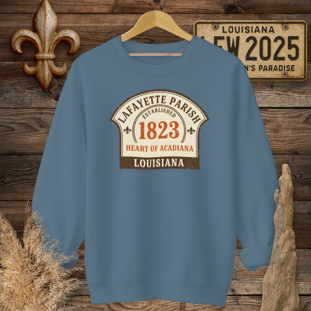 S / Indigo Blue Louisiana Lafayette Parish Sweatshirt by Laissez Faire Wear