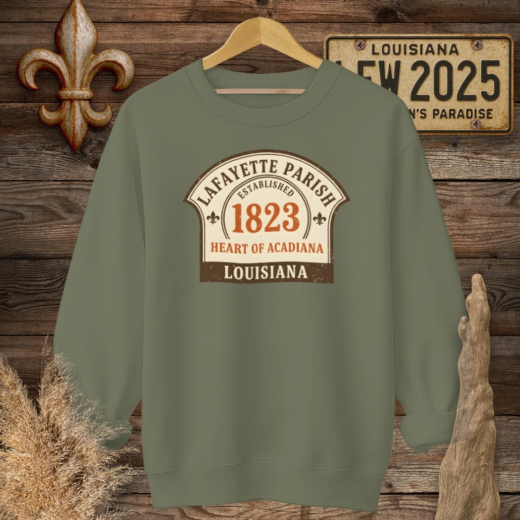 S / Military Green Louisiana Lafayette Parish Sweatshirt by Laissez Faire Wear