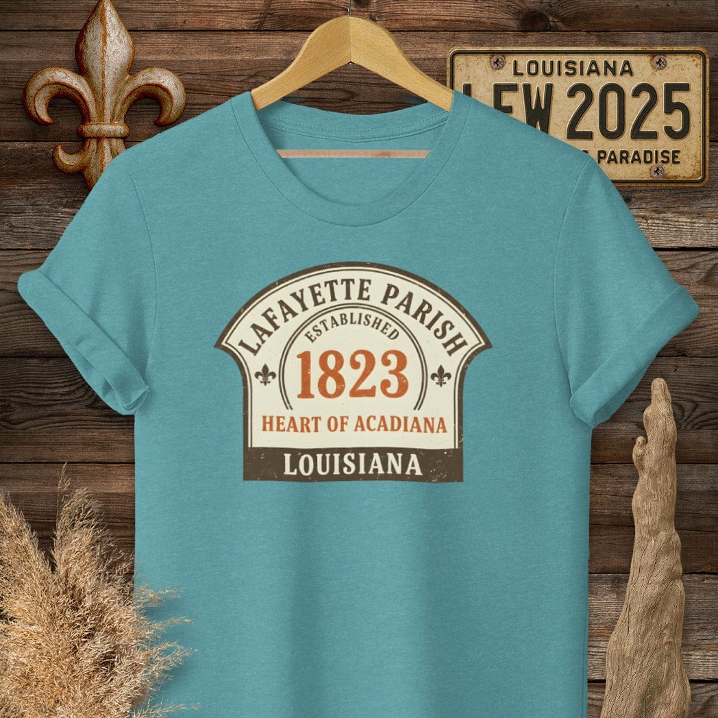 S / Heather Galapagos Blue Louisiana Lafayette Parish T-Shirt by Laissez Faire Wear