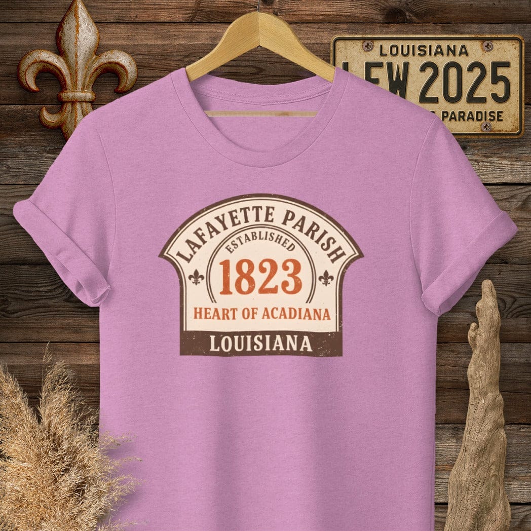 S / Heather Radiant Orchid Louisiana Lafayette Parish T-Shirt by Laissez Faire Wear