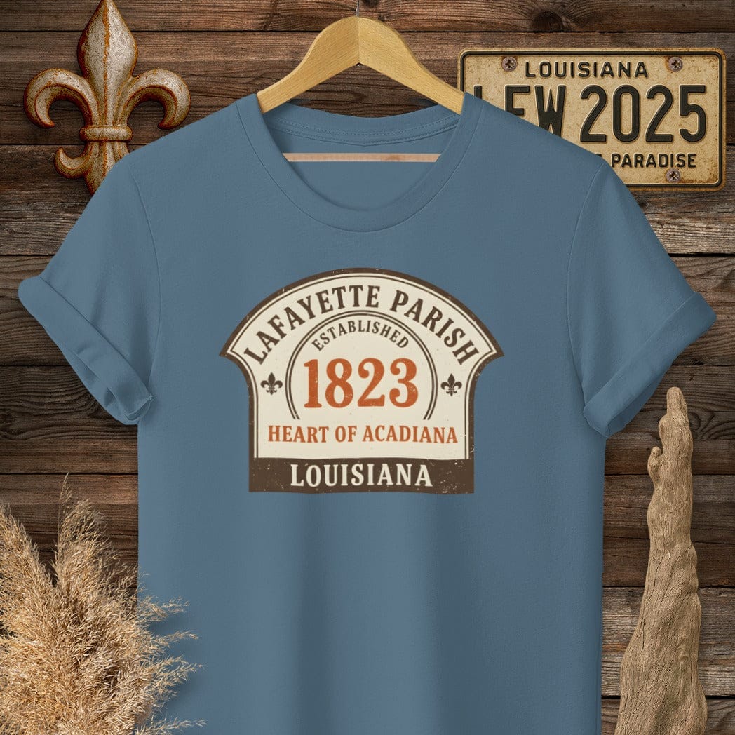 S / Indigo Blue Louisiana Lafayette Parish T-Shirt by Laissez Faire Wear