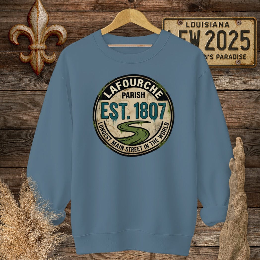 S / Indigo Blue Louisiana Lafourche Parish Sweatshirt by Laissez Faire Wear