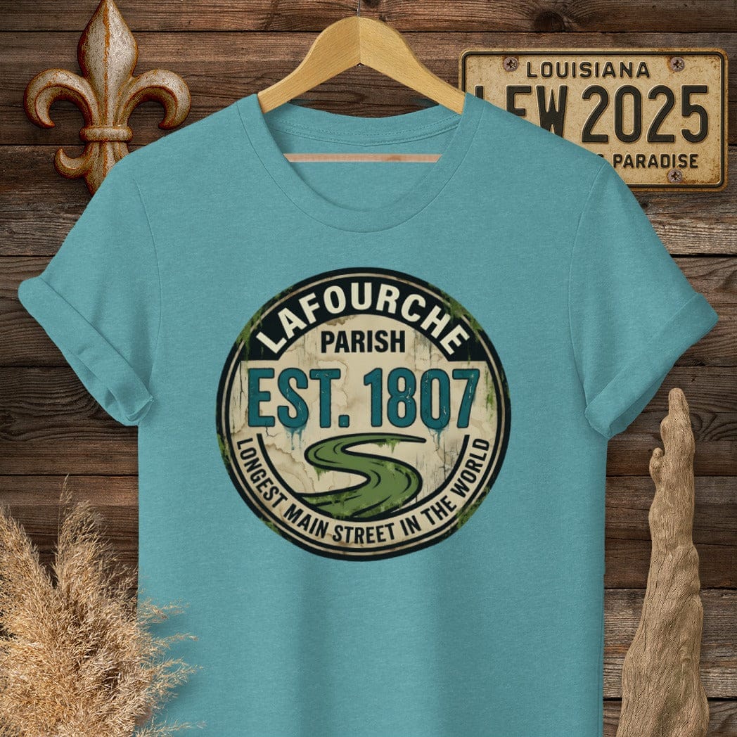 S / Heather Galapagos Blue Louisiana Lafourche Parish T-Shirt by Laissez Faire Wear
