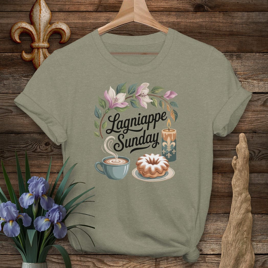 S / Heather Military Green Louisiana Lagniappe Sunday T-Shirt by Laissez Faire Wear