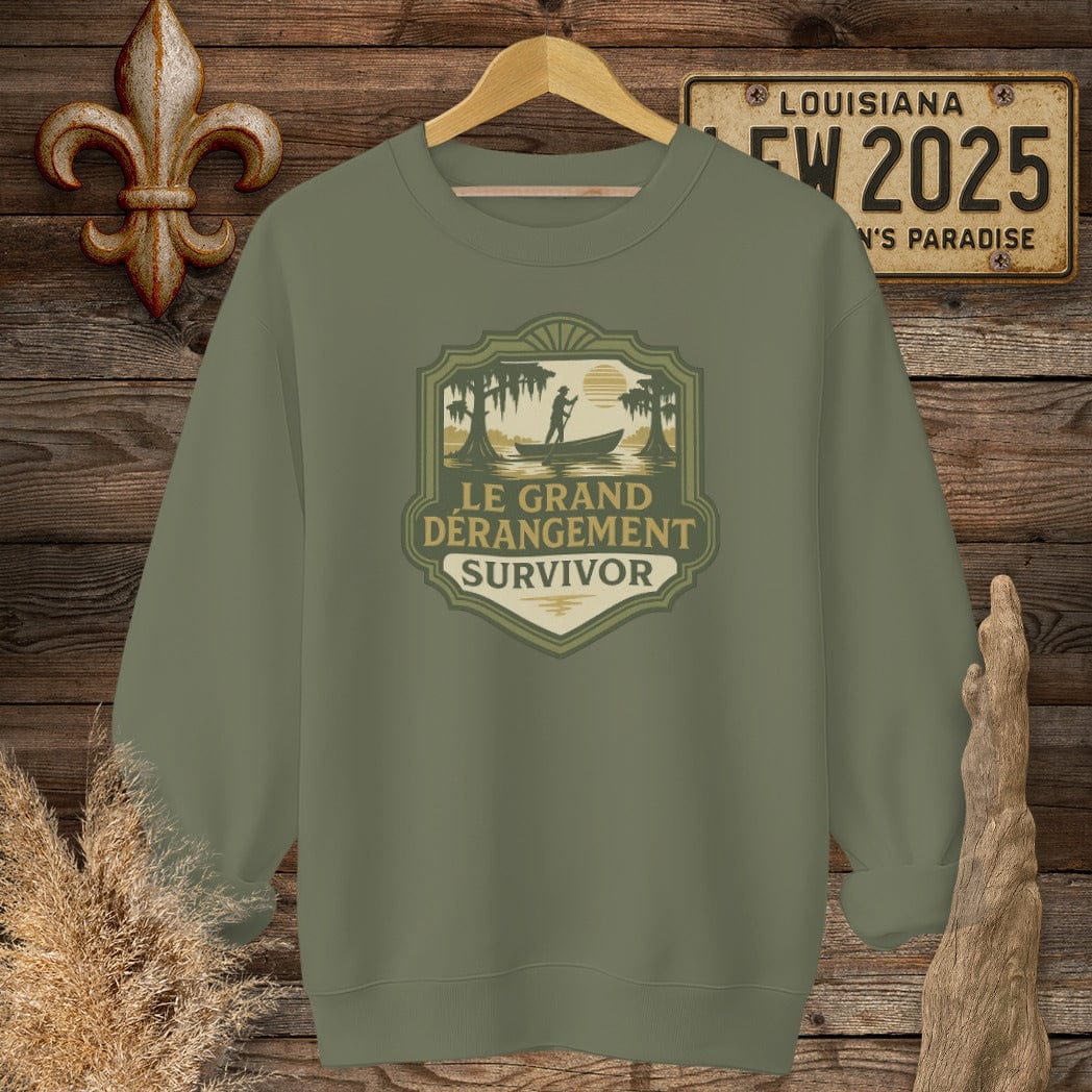 S / Military Green Louisiana Le Grand Derangement Survivor Sweatshirt by Laissez Faire Wear