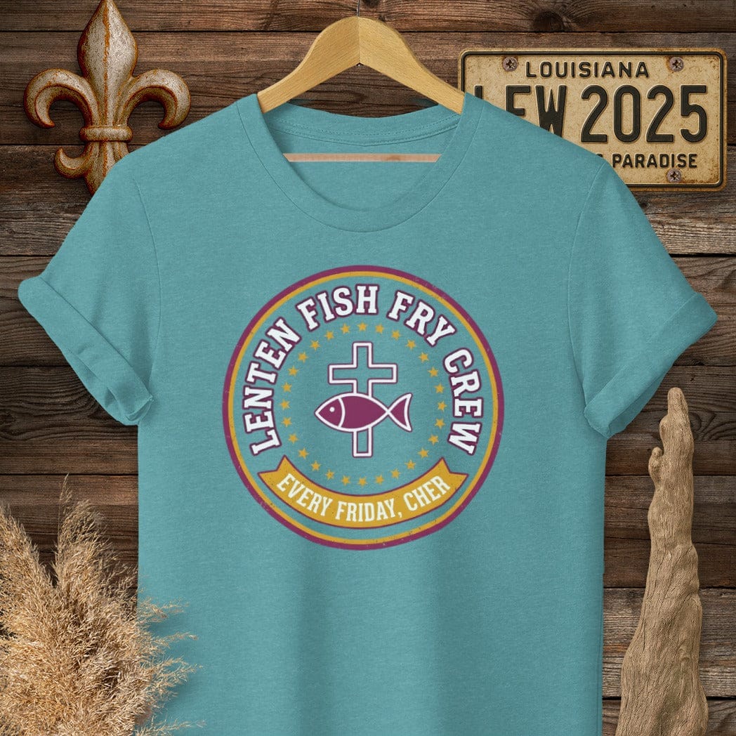 S / Heather Galapagos Blue Louisiana Lenten Fish Fry Crew T-Shirt by Laissez Faire Wear