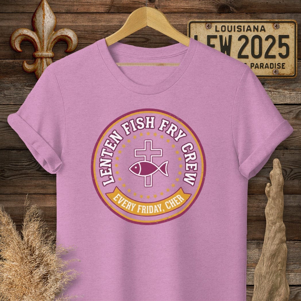 S / Heather Radiant Orchid Louisiana Lenten Fish Fry Crew T-Shirt by Laissez Faire Wear