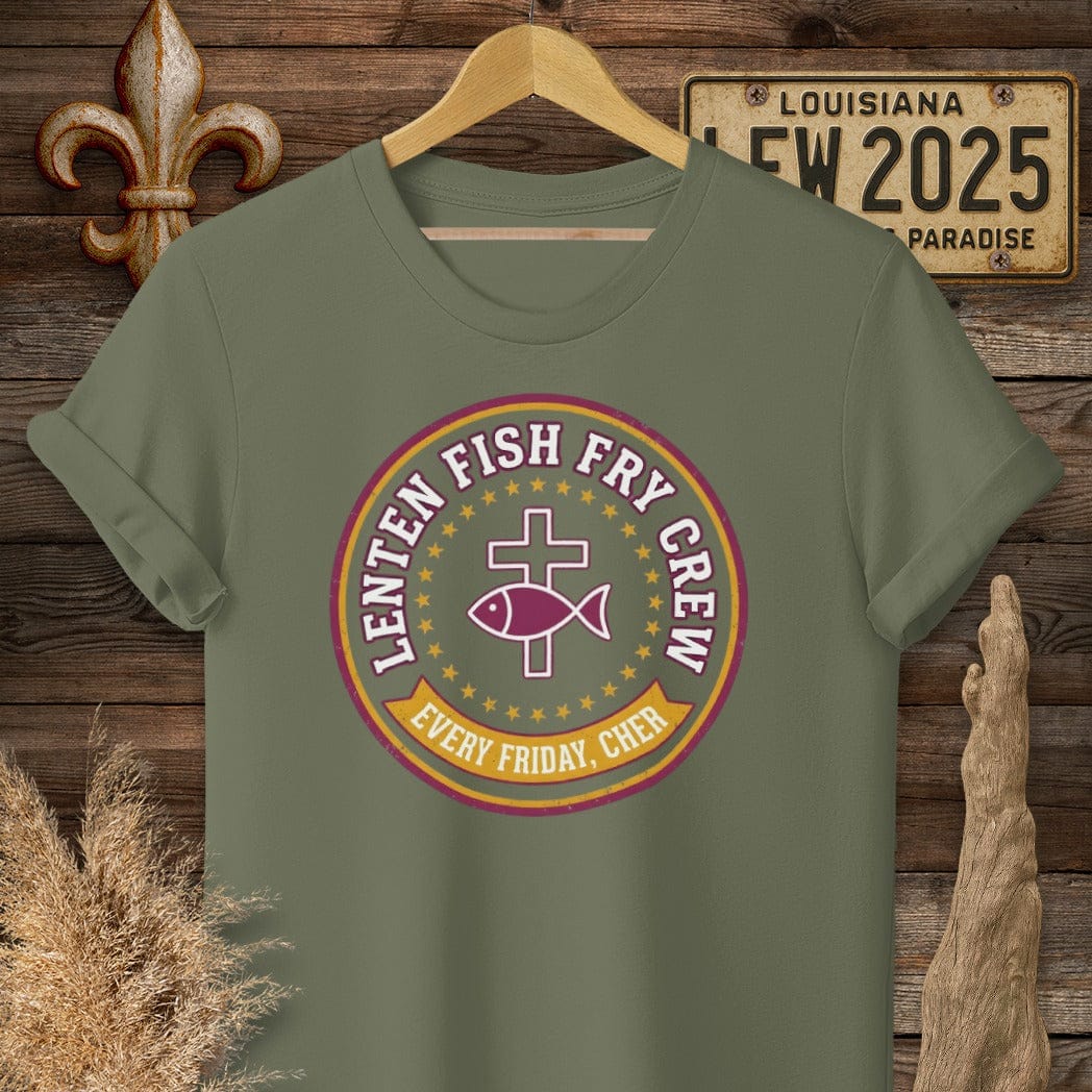 S / Military Green Louisiana Lenten Fish Fry Crew T-Shirt by Laissez Faire Wear