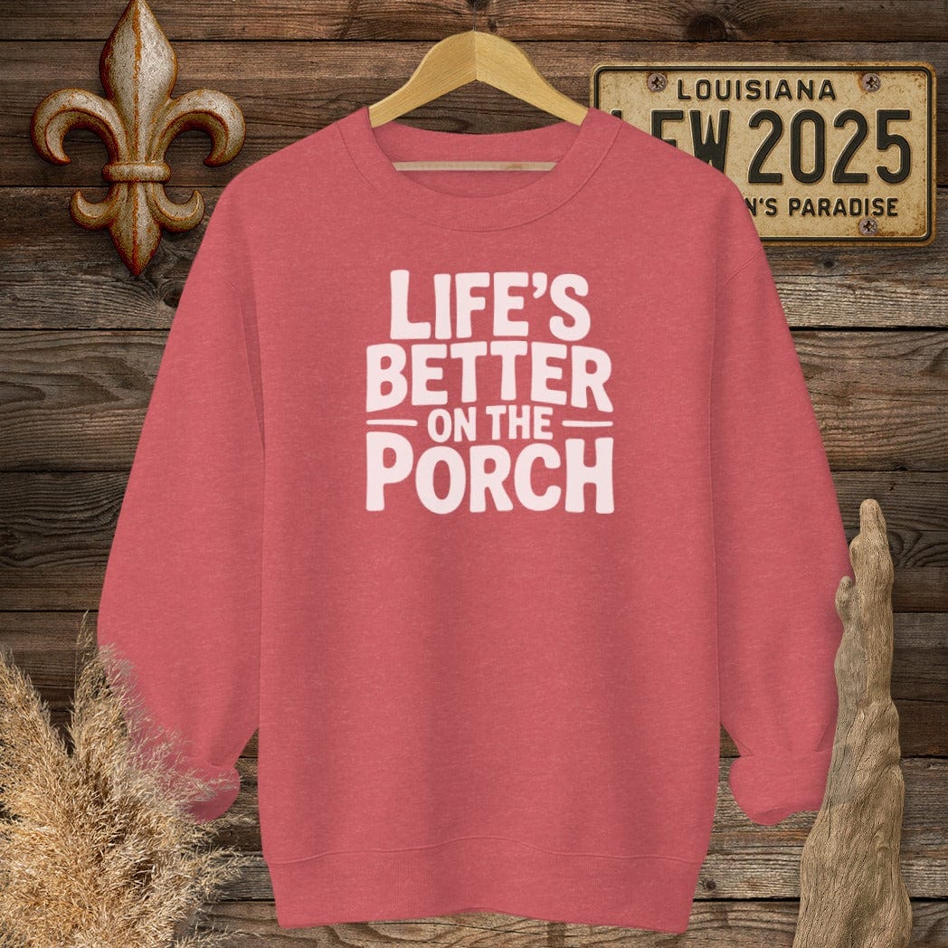 S / Heather Scarlet Red Louisiana Life's Better On The Porch Sweatshirt by Laissez Faire Wear