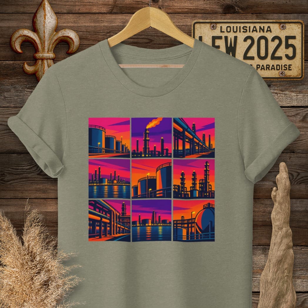 S / Heather Military Green Louisiana Lights Across River T-Shirt by Laissez Faire Wear