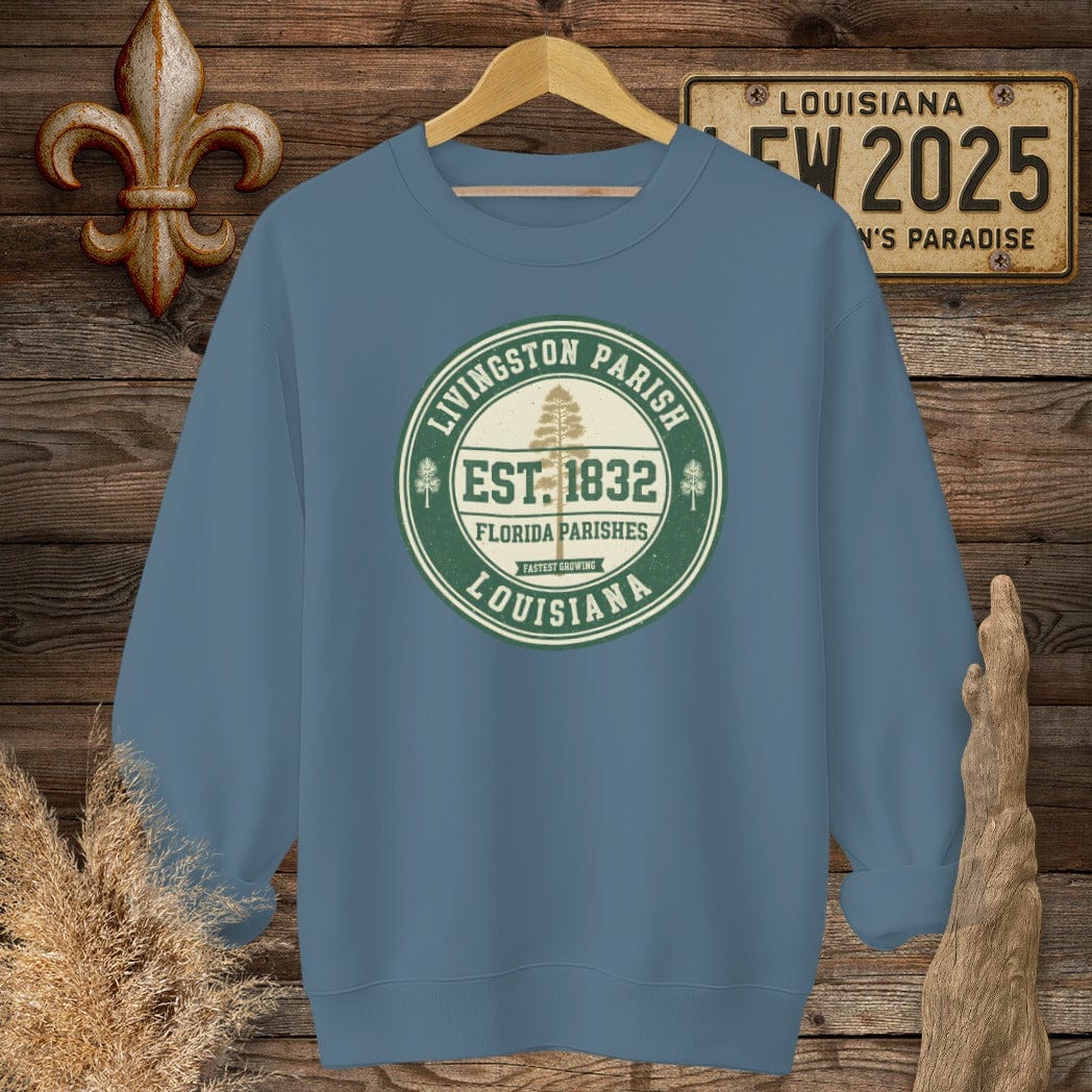 S / Indigo Blue Louisiana Livingston Parish Sweatshirt by Laissez Faire Wear