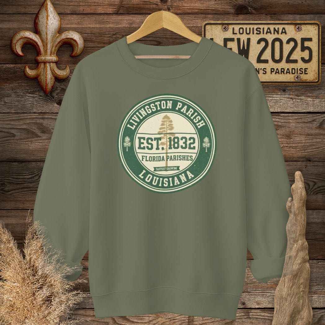 S / Military Green Louisiana Livingston Parish Sweatshirt by Laissez Faire Wear