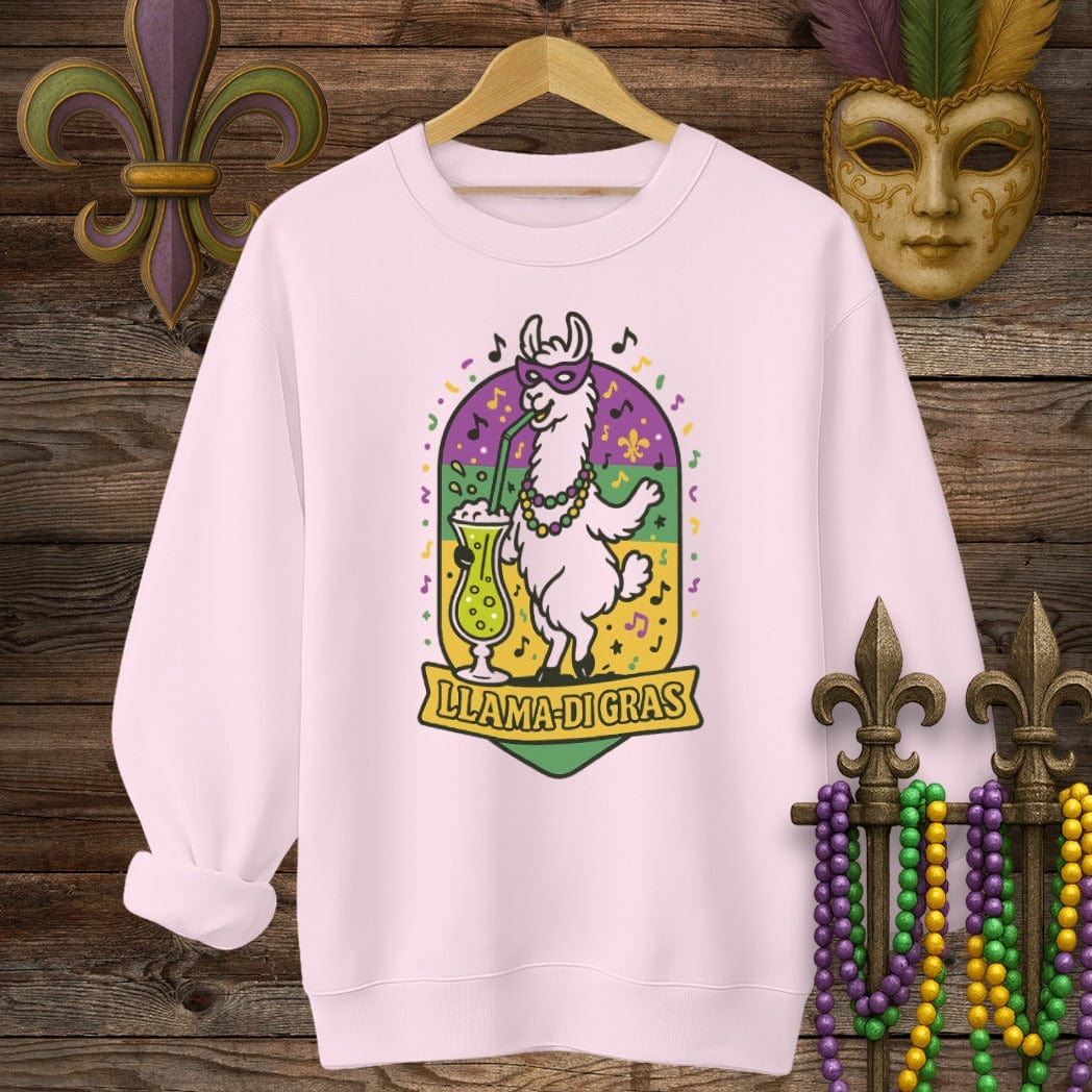 S / Light Pink Louisiana Llama-Di Gras Mardi Gras Sweatshirt by Laissez Faire Wear