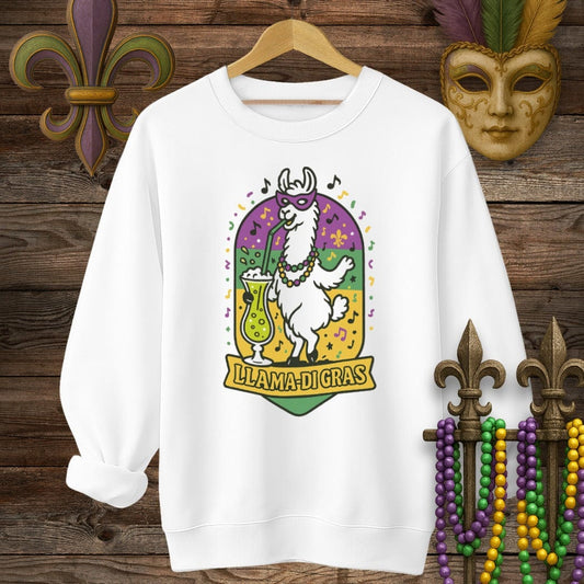 S / White Louisiana Llama-Di Gras Mardi Gras Sweatshirt by Laissez Faire Wear