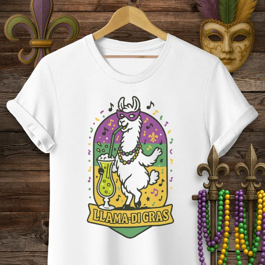 S / White Louisiana Llama-Di Gras Mardi Gras T-Shirt by Laissez Faire Wear
