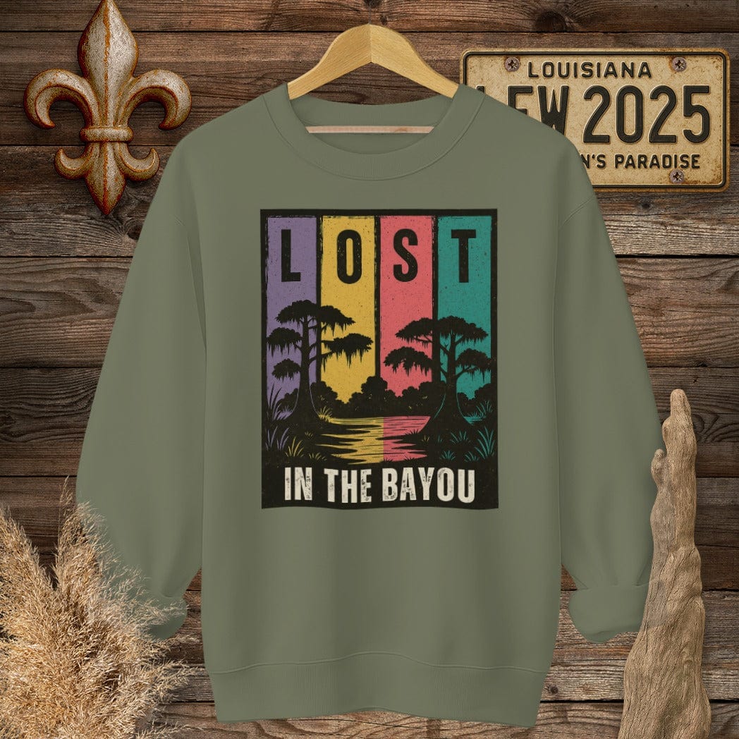 S / Military Green Louisiana Lost in the Bayou Sweatshirt by Laissez Faire Wear