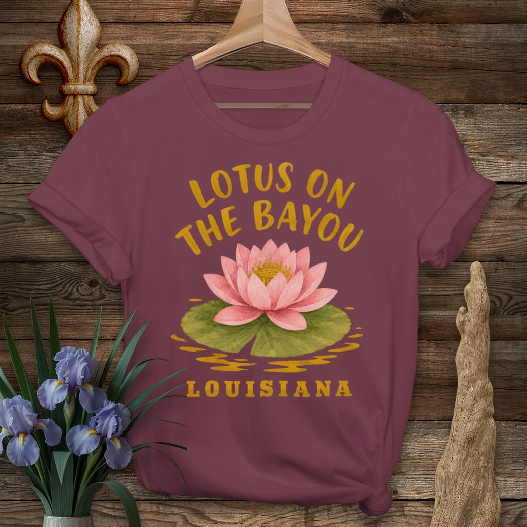S / Maroon Louisiana Lotus on the Bayou T-Shirt by Laissez Faire Wear