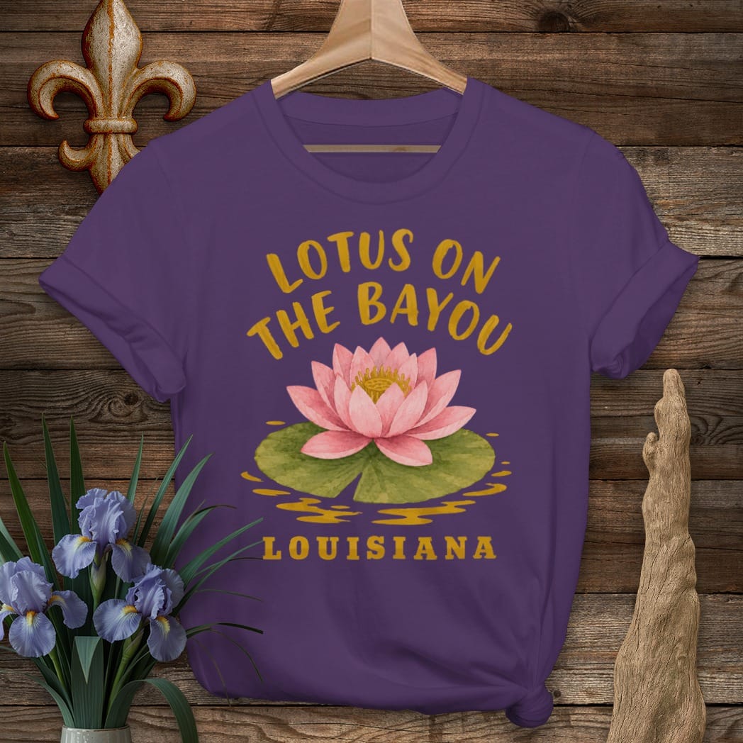 S / Purple Louisiana Lotus on the Bayou T-Shirt by Laissez Faire Wear