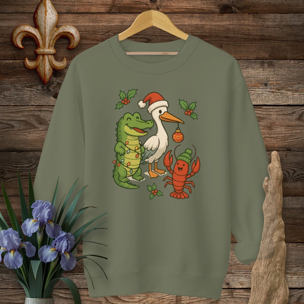S / Military Green Louisiana Louisiana Christmas Pals Sweatshirt by Laissez Faire Wear