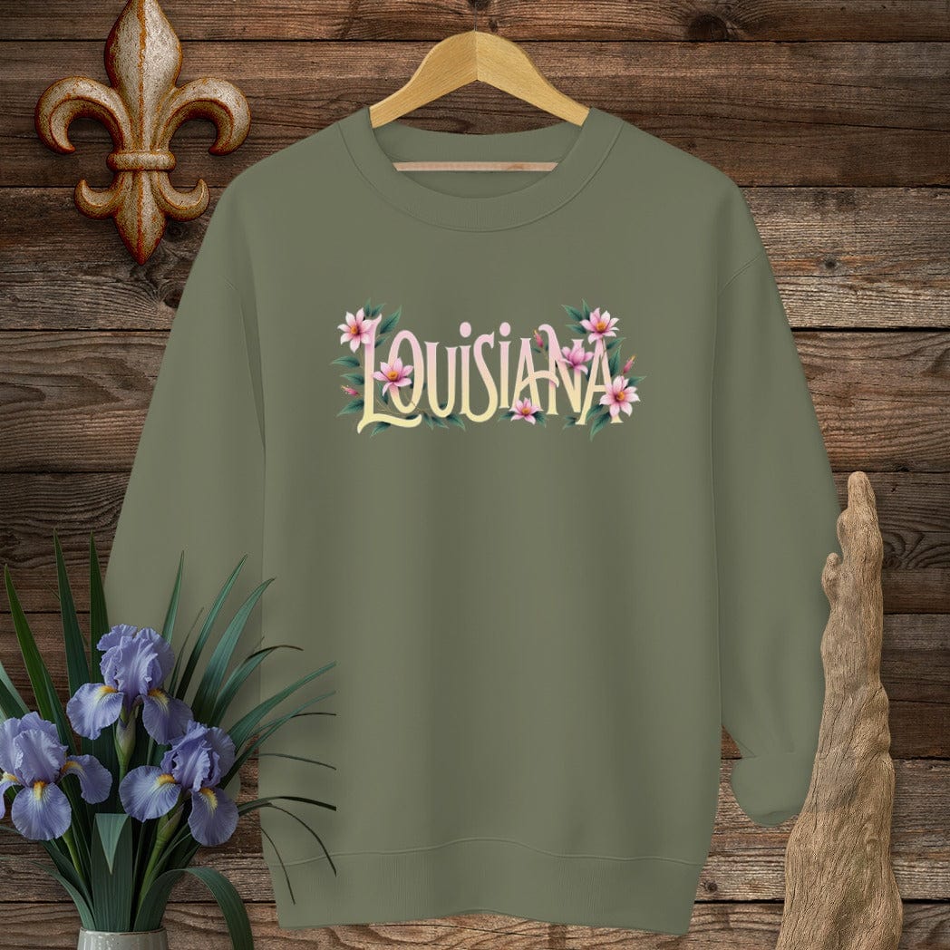 S / Military Green Louisiana Louisiana Floral State Pride Sweatshirt by Laissez Faire Wear