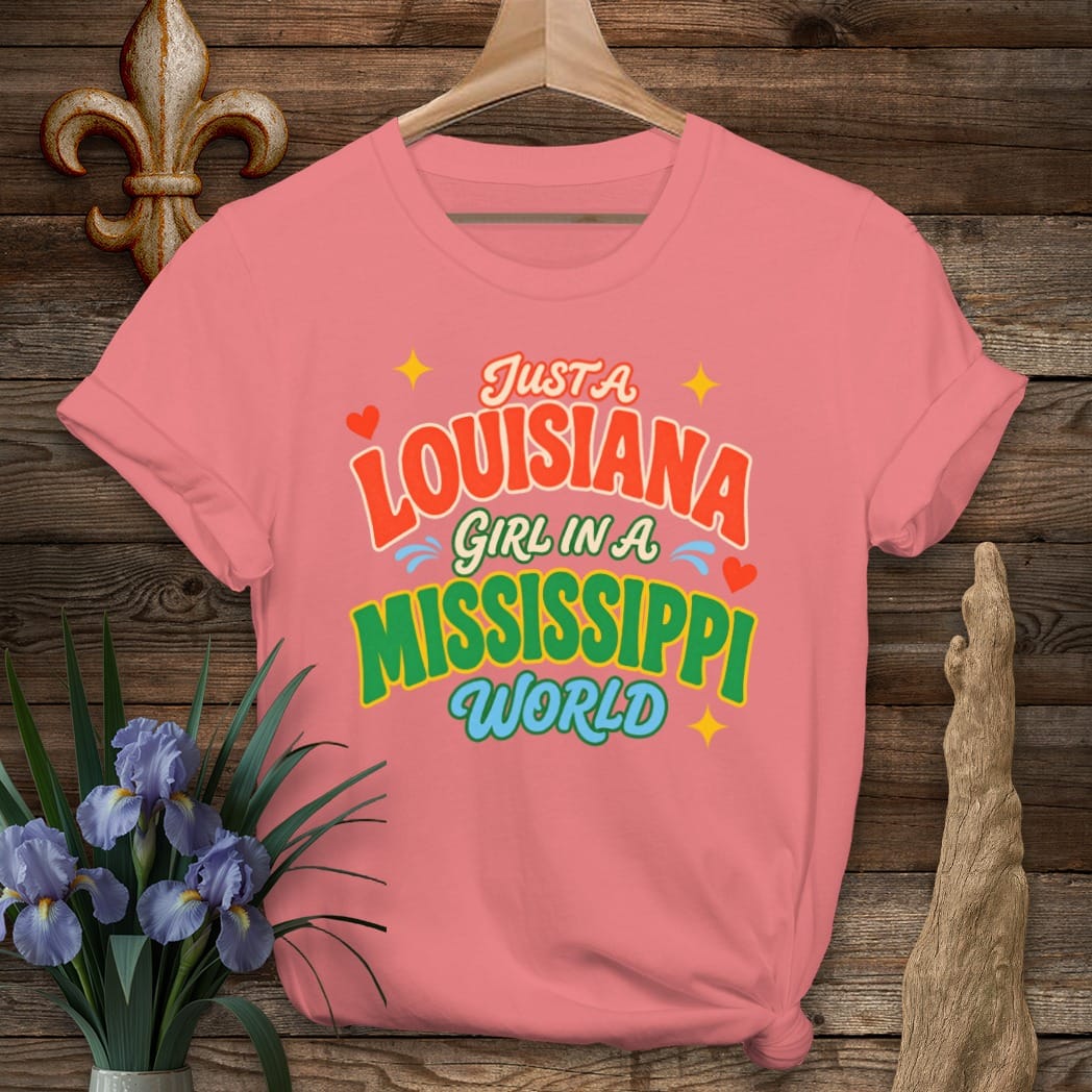 S / Coral Silk Louisiana Louisiana Girl in Mississippi T-Shirt by Laissez Faire Wear