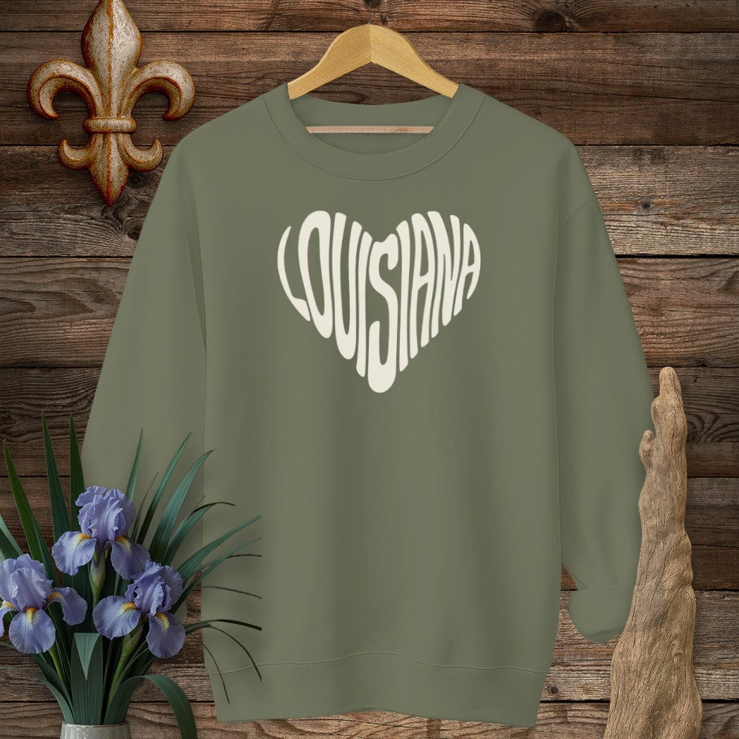 S / Military Green Louisiana Louisiana Heart Sweatshirt by Laissez Faire Wear