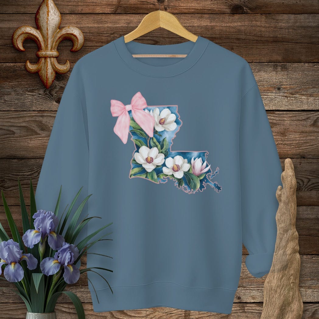 S / Indigo Blue Louisiana Louisiana State Pride Floral Coquette Sweatshirt by Laissez Faire Wear