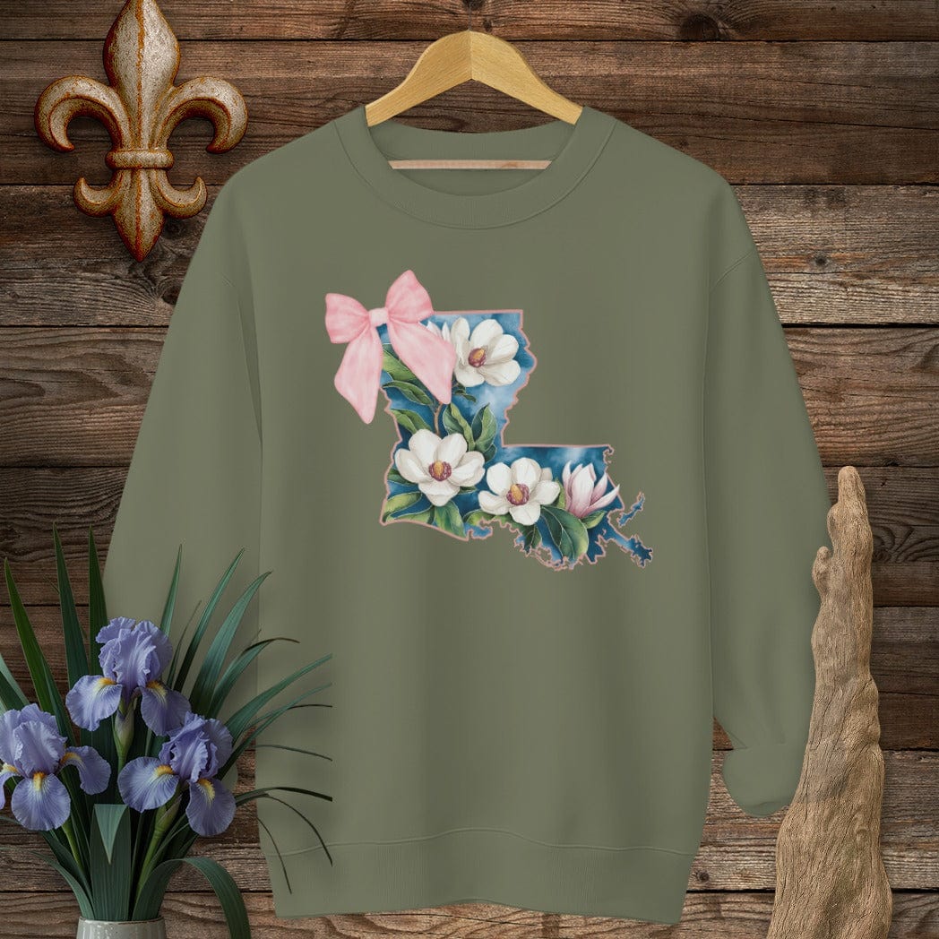 S / Military Green Louisiana Louisiana State Pride Floral Coquette Sweatshirt by Laissez Faire Wear
