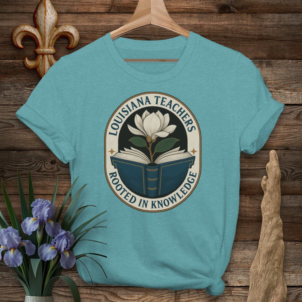 S / Heather Galapagos Blue Louisiana Louisiana Teachers - Rooted in Knowledge T-Shirt by Laissez Faire Wear