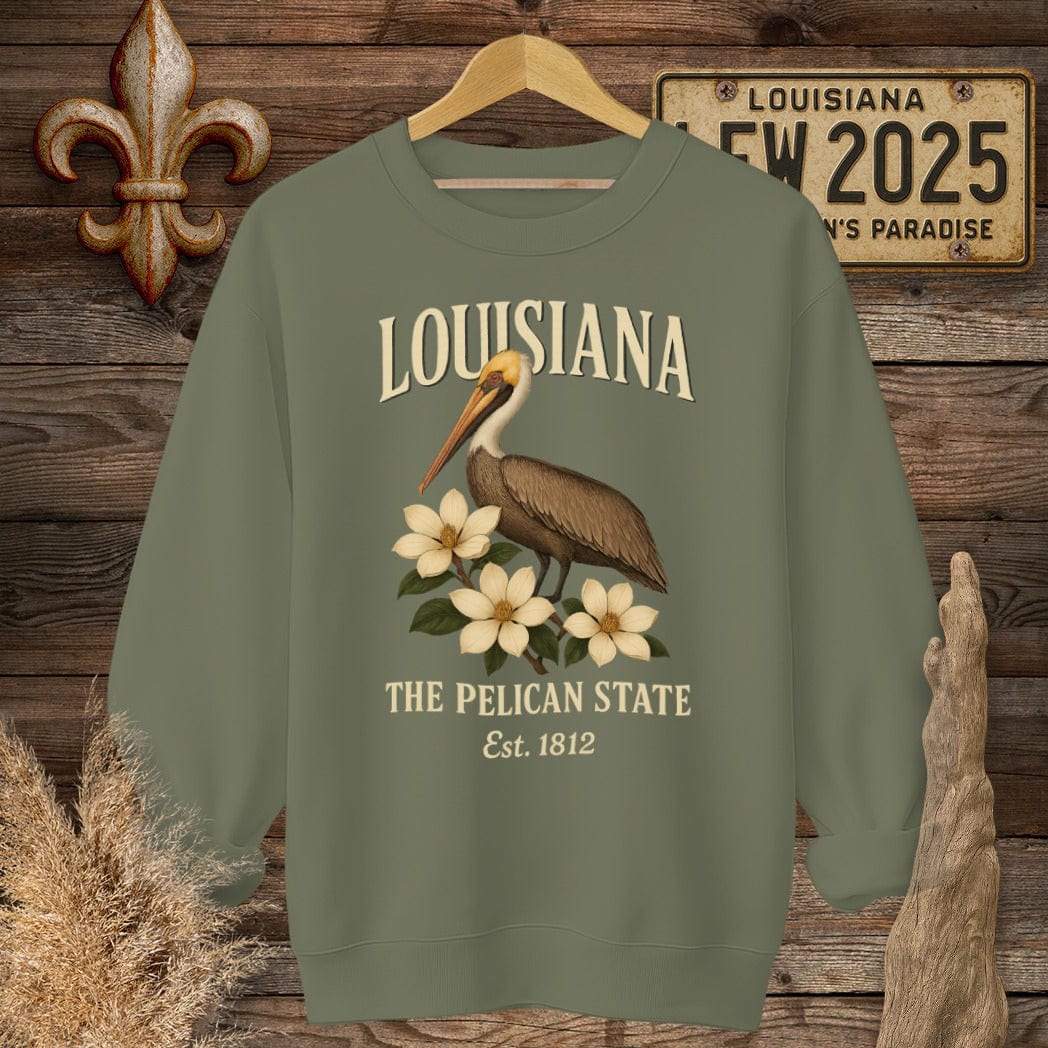 S / Military Green Louisiana Louisiana The Pelican State Sweatshirt by Laissez Faire Wear